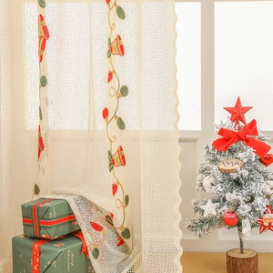 Christmas lace window curtain with red bell embroidery and holiday decoration