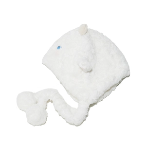 Detailed texture of soft white plush fabric and cute 3D ears on a winter trapper hat