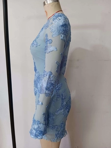 Detail of light blue dress showing 3D rose lace applique and breathable mesh fabric