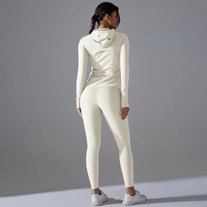 Completo da yoga con giacca con cappuccio e leggings bianco crema per fitness professionale
