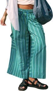 Women's wide-leg lounge pants featuring blue and green vertical stripes and cargo pockets