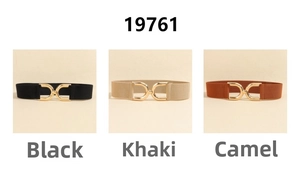 Elastic waist belts for dresses featuring gold D-ring buckles in black, khaki, and camel
