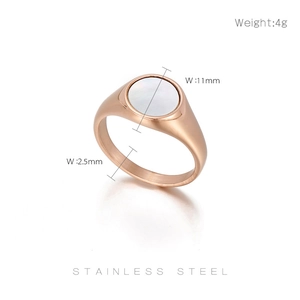 Detail of rose gold stainless steel ring with white shell inlay and 11mm circle width