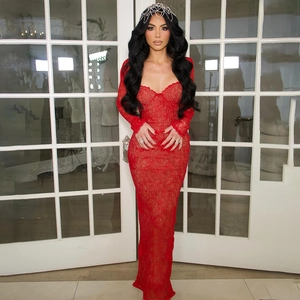 Women's Sexy Lace See-Through Top And Bottom Set Autumn Long Sleeve Tight Split Maxi Skirt Two-Piece Outfit
