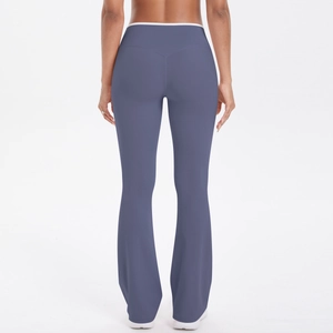 Detail view of high waist yoga flare pants with V-shaped back seam and lift effect