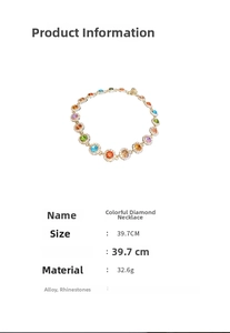 Detailed view of colorful rhinestone necklace specs including 39.7cm length and alloy material