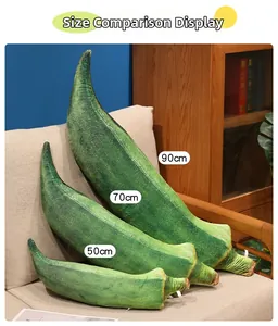 Three sizes of green okra plush pillows shown on a sofa, 50cm, 70cm, and 90cm available