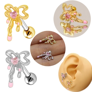 Y2K Fashion Titanium Steel Bowknot Stud Earrings Pink Heart Rhinestone Inlaid Delicate Sweet Bow Jewelry For Women Girls