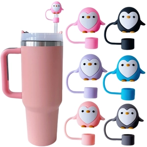 Detailed set of colorful penguin straw covers for stainless steel tumblers in six colors