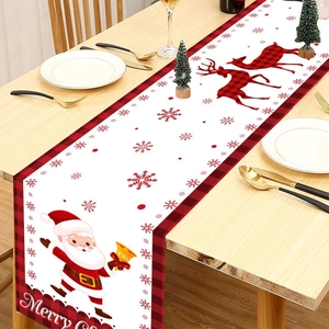 Christmas table runner with Santa, reindeer and snowflakes on a red checkered festive background