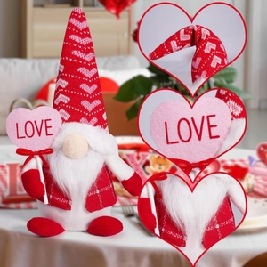 Valentine's Day Gnome plush with LOVE heart sign and red heart patterned pointed hat