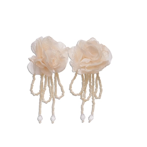 Exaggerated cream chiffon flower tassel earrings with glass drop and elegant beads