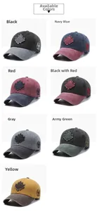 Detailed grid showing seven colors of washed cotton baseball caps with maple leaf patch