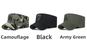 Detailed view of men's military patrol caps in camouflage, black, and army green colors