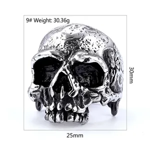 Retro punk stainless steel skull ring for men with heavy vintage finish and dimensions