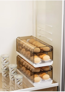 Double-layer stackable rolling egg organizer with transparent lid for kitchen refrigerators