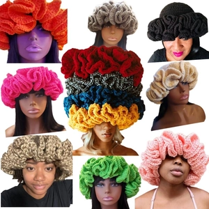 Crochet Knit Hat Ruffle Wide Brim Lotus Leaf Vintage Aesthetic Winter Warm Accessory Women Solid Color