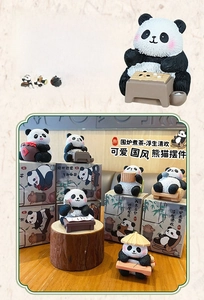 Detail of cute resin panda figurine with realistic fur texture and Chinese style packaging