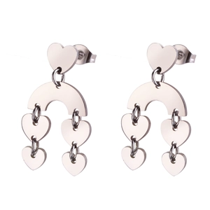 Polished silver stainless steel heart drop earrings with dangling charms for women