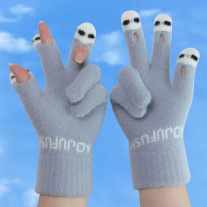 Grey knit fingerless gloves with cute panda pattern for winter outdoor cycling use