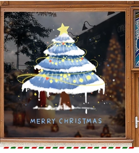 Festlicher Weihnachtsbaum-Fensteraufkleber mit Merry Christmas Text auf Schaufenster