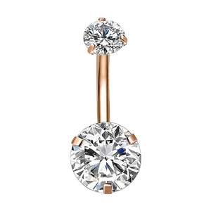Rose gold stainless steel belly button ring with brilliant round cut cubic zirconia stones