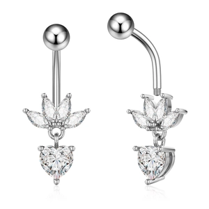 Detail view of silver belly ring featuring heart-shaped zircon and curved stainless steel bar