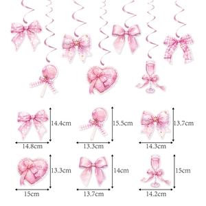 Pink bow party decorations set showing 12 pieces with spiral hanging swirls and size details