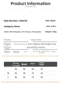 Size chart for French doll collar mini dress with material specs and measurements