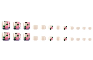 Detail of 24pcs press-on toenails featuring elegant pink rose and green leaf patterns