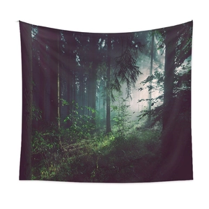 Bohemian forest tapestry with sunbeams and misty trees for wall decoration