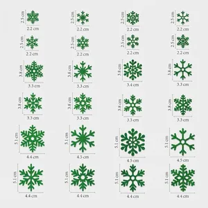 Size chart for 24 green glitter snowflake stickers in small, medium, and large dimensions