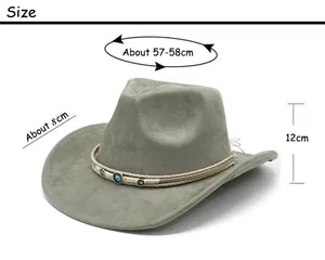 Size guide for suede cowboy hat with measurements of brim width and head circumference