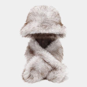 Detail view of the winter faux fur knit hood and scarf set in grey wolf pattern