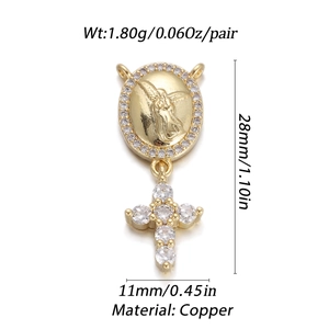 Detail shot of 18K gold plated copper angel pendant with dimensions and weight data