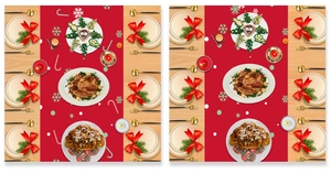 Detailed Christmas table runner with festive cartoon Santa and reindeer on wooden table