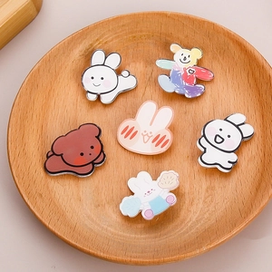 Set of 6 cute acrylic cartoon animal brooches featuring bear and rabbit on wooden tray