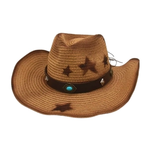Chapeau de cowboy en paille tressée avec motifs d'étoiles et bande en cuir pour protection solaire