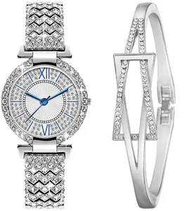 Set orologio al quarzo argento e bracciale con strass e numeri romani