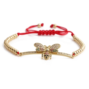Bracelet ajustable abeille dorée avec zircons colorés et cordon tressé rouge élégant