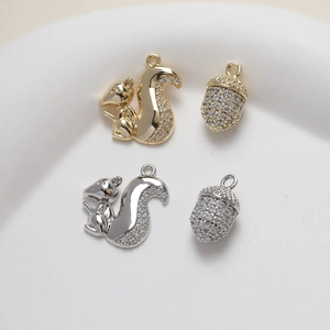 14K gold plated squirrel and acorn charms with cubic zirconia for DIY jewelry making