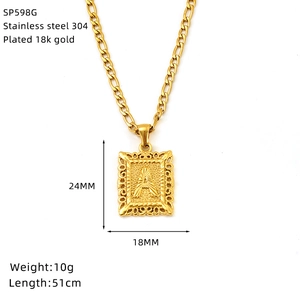 Detail view of 18K gold plated letter A square pendant necklace showing 24x18mm dimensions