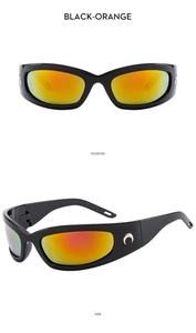 Front and side views of Y2K futuristic sunglasses with orange lenses and silver crescents