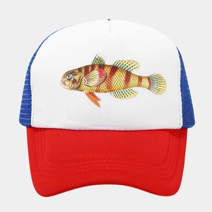 Frontansicht der dreifarbigen Trucker-Cap mit lebendiger Fisch-Illustration und Mesh-Rückseite