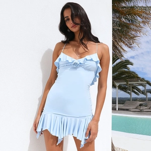 Sexy Bodycon Mini Dress Spaghetti Strap V-Neck Ruffle Trim 3D Rose Flower Backless Irregular Hem Summer Clubwear Vacation