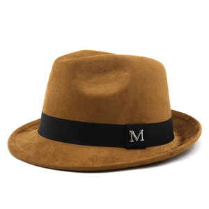 Classic dark brown suede fedora hat with black grosgrain ribbon and silver M charm detail