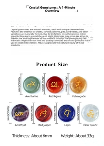 Size chart for 20mm seven chakra healing stones showing diameter thickness and weight