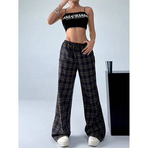Fashionable high-waist plaid wide-leg pants in dark brown and yellow grid pattern