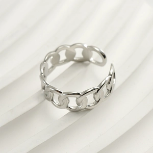 Polished silver stainless steel Cuban chain open ring in a minimalist weave design