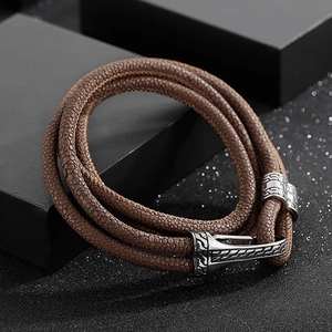 Brown multi-layer leather wrap bracelet for men with vintage patterned metal clasp